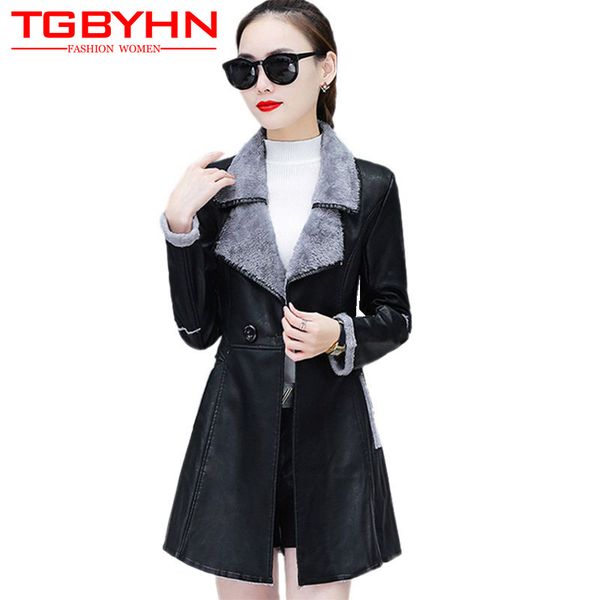 

women pu leather coat 2018 autumn winter new lapel fur collar medium long spliced thickening warm solid color leather coat sq094, Black