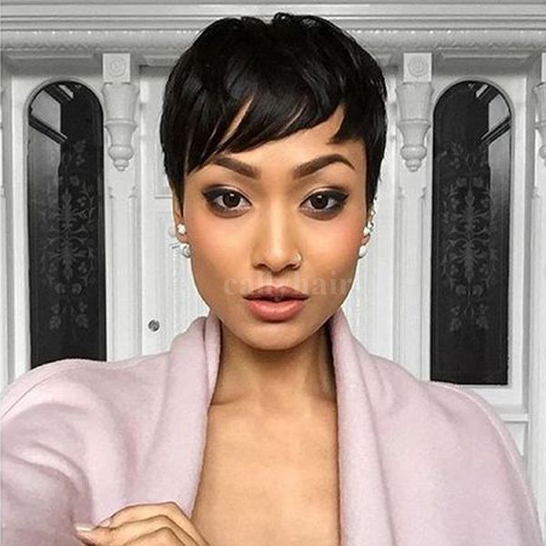 Celebrity Wig Hair Natural Black Short Pixie Wigs Cheap Human Full