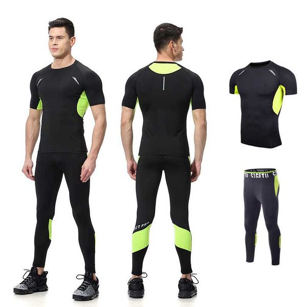 

2 pieces men gym compression fitness sets short tee + legging workout exercise sport shirt running tights clothing e108, Black;blue