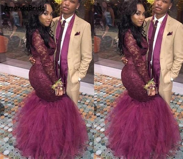 

amandabridal burgundy mermaid prom dresses dubai illusion long sleeves black girl evening gowns high neck red carpet celebrity dresses