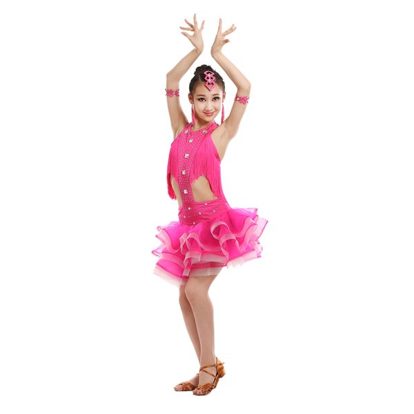 

new latin dance dress for girls child tassels latin dance ballroom girls salsa costumes, Black;red