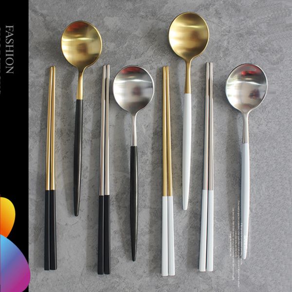 

korean chopsticks desserts spoon set 304 stainless steel western square chopstick long handle dessert spoons tableware sets