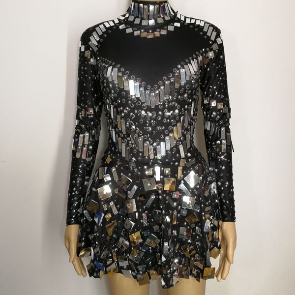 

black sequins mirrors stones short dress female costumes bright crystals diamond singer nightclub bar show dj team dance dress women perform