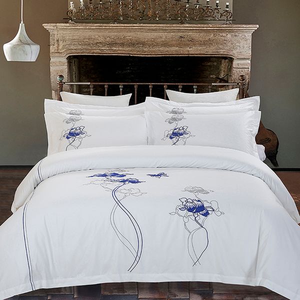 

luxury lotus butterfly embroidery 60s sateen egyptian cotton 4pcs duvet cover flat sheet pillowcase set white bedding sets