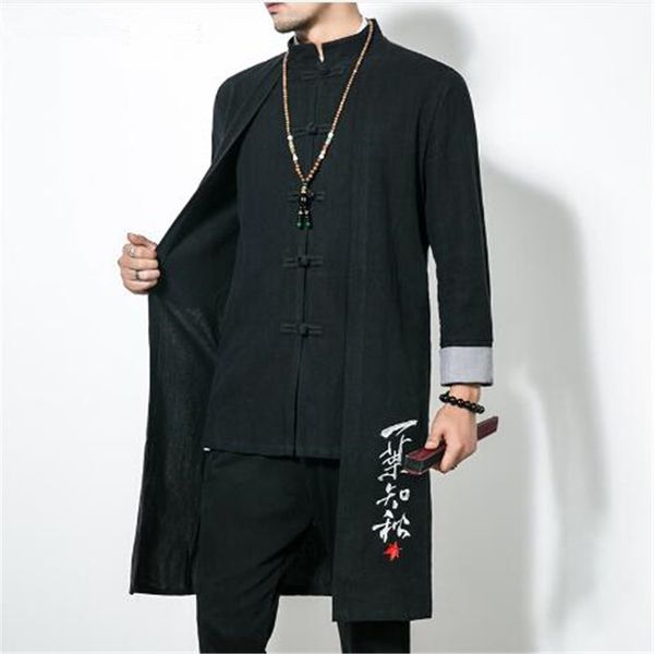 

5xl long length jacket men trench 2018 cotton linen fabric male embroidery jacket coat windbreaker size plus, Tan;black