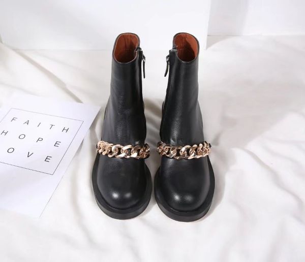 

size 35-41 genuine leather round toe women boots silver gold chain short boots, Black