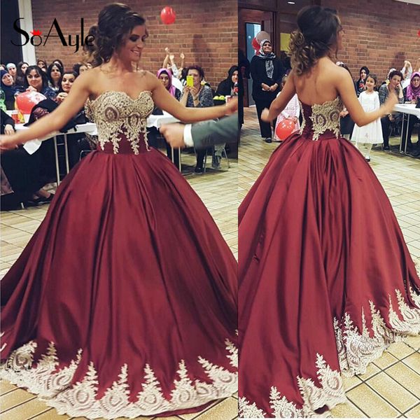 

satin strapless sweetheart ball gown burgundy and gold lace appliqued evening gown avondjurken gala jurken dames vestito da sera, Black;red
