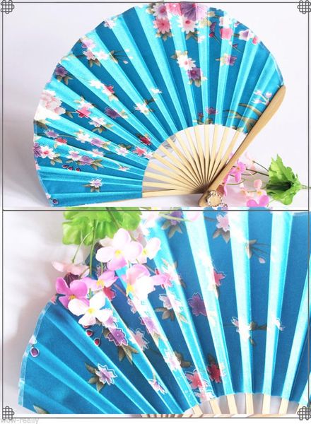 Chinese Japanese turquoise Silk Hand Flower Bamboo Asian Pocket Fan
