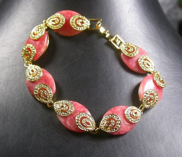 Placa de ouro CHINÊS Rosa Vermelho JADE Teardrop Bead Beads Bangle Bracelet 252577