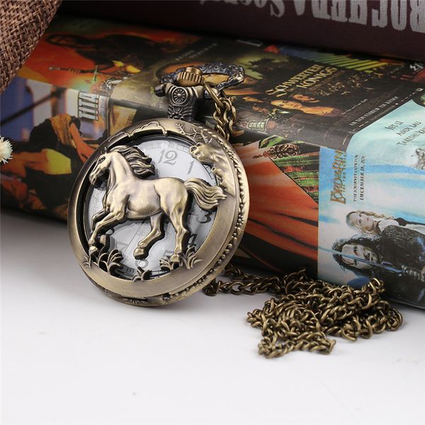 

vintage pocket watch bronze horse pocket watch chain hollow quartz clock men's pendant necklace womens men gifts, Slivery;golden