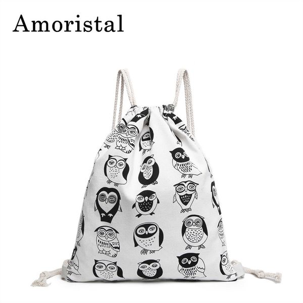 

canvas owl drawstring bag backpack women fitness sport female beach drawstring bag school boy/girls bookbags bagpack bags b204
