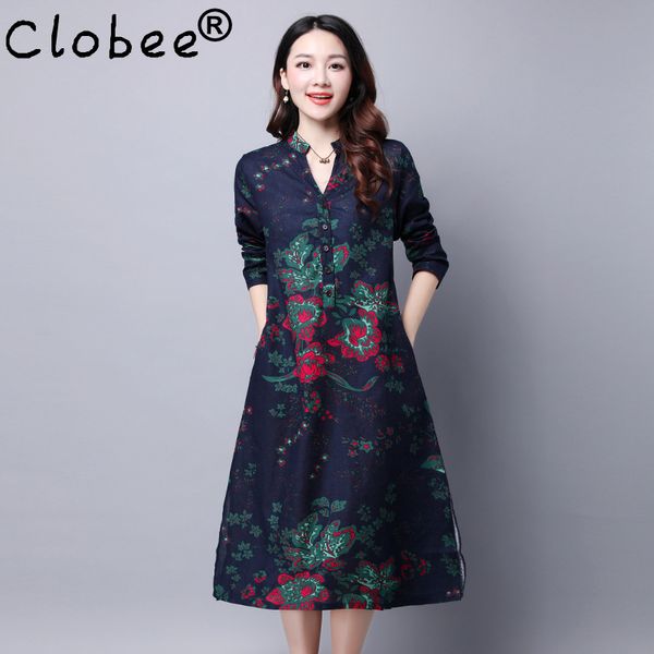 

classic retro new chinese style spring women loose big yards peony print v neck long sleeve a line fall dress, White;black