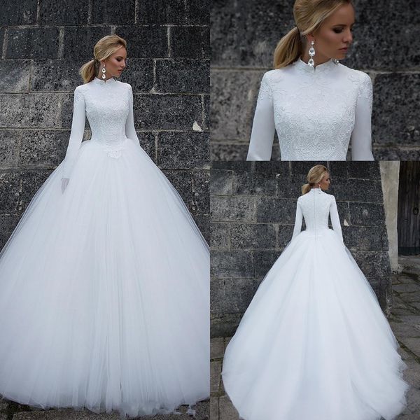 

2018 new high neck long sleeves lace a line muslim wedding dresses satin empire lace applique zipper tulle winter wedding bridal gowns, White