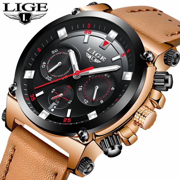 

lige watch men's fashion sports quartz big dial clock leather mens watches waterproof watch relogio masculino, Slivery;brown