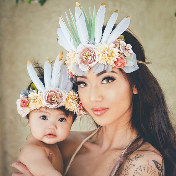 Baby Headbands Mom And Me Flower Hair Bands Family Match Handmade 3D Flower Feather Headband Baby Hair Accessiores D0548 Feather Hair Accessories