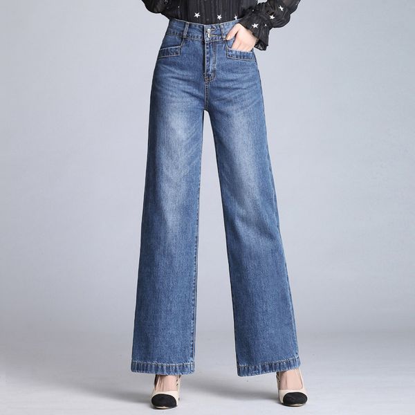

free shipping 2018 women's wide leg ankle-length jeans lady fashion big straight trousers boot cut flares denim pants size 26-33, Blue