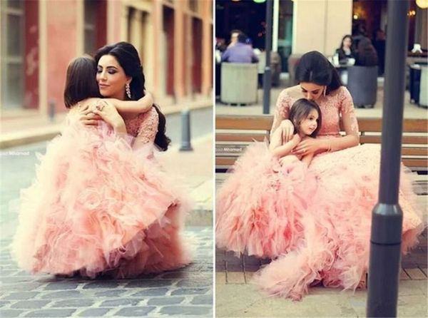 

2019 pink mother and daughter lace kids form wear with ruffles jewel neck zipper back flower girls' dress dresses evening wear, White;blue