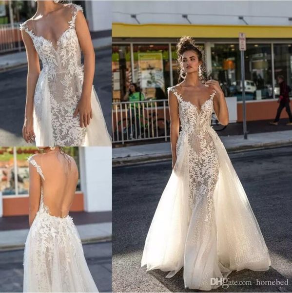 2019 Berta Beach Abiti da sposa con scollo a V in pizzo Appliqued Backless Abiti da sposa sexy con gonna staccabile Sweep Train Plus Size Abito da sposa