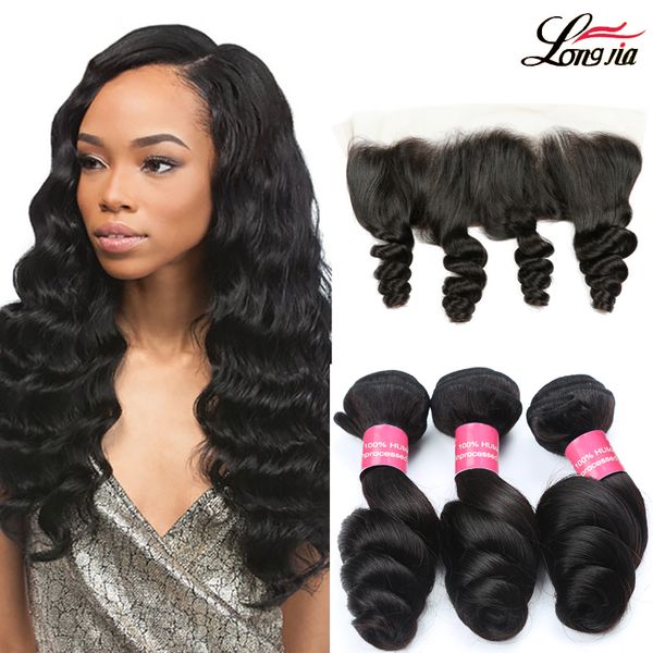 

свободные волны 3 пучки с фронтальной закрытия бразильский волос переплетения пучки с закрытием 4/5 шт. / лот человеческие волосы 13x4 круже, Black