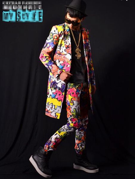 

man han edition of the new fashion boutique personality anchor bar singer stage costumes dance suit graffiti hip hop long m - 2 xl, Black;red