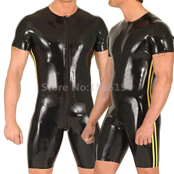 

men rubber catsuits with front zip latex garments side strips a-lcm111, Black