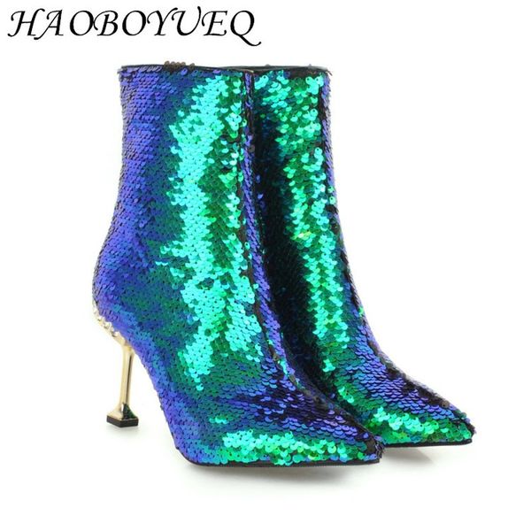 

autumn and winter women's boots sequins sharp head high-heeled short boots fine heel side zipper women's shoes plus size, Black
