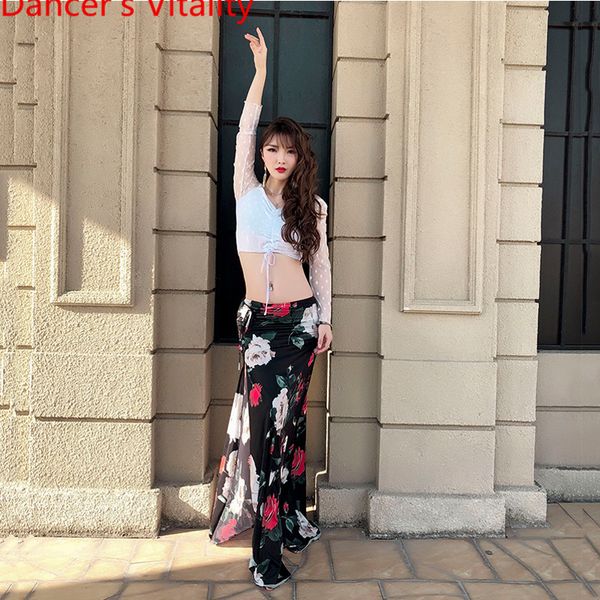 

newly designed belly dance costume perspective sleeves split skirt oriental dancewomen lady girls belly clothes, Black;red