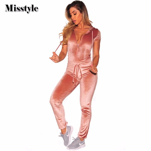 

misstyle autumn winter short sleeve pleuche one piece hoody jumpsuit for women zipper velour body feminino casual overalls, Black;white