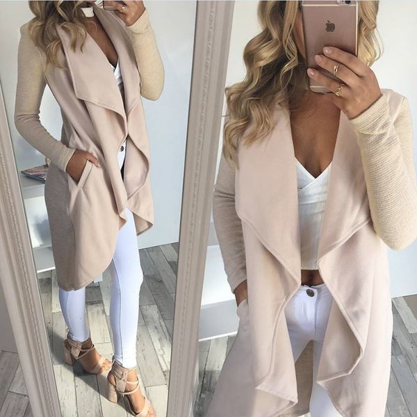 

waterfall collar pocket front wrap work wear trench peach full sleeve apricot knee length office women autumn winter coat woman, Black