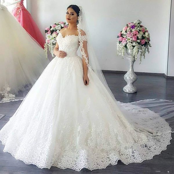 2019 Luxury Lace Princess Off The Shoulder Wedding Dresses Sheer Back Princess Illusion Applique Bridal Gowns Robe De Mariage Gorgeous Dresses Guest