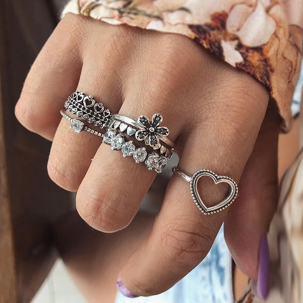 

ravimour boho kunckle ring set jewellery 6pcs heart flower vintage finger rings zircon bohemia beach alliance anel wedding 2018, Golden;silver