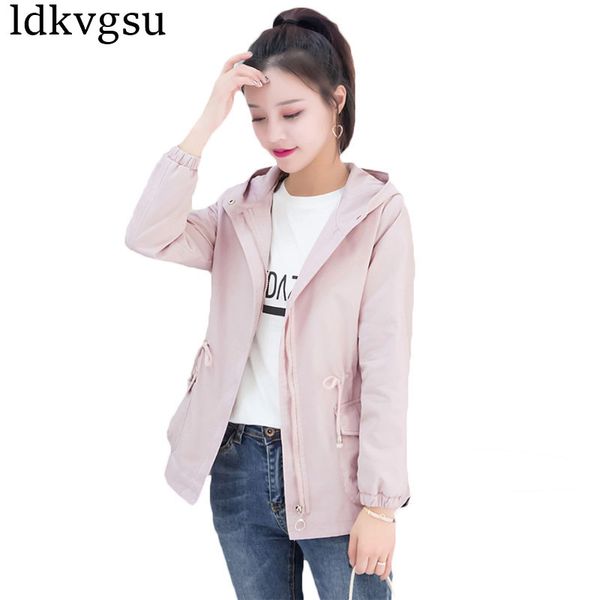 

casual 2018 spring autumn jackets coats women hooded drawstring windbreaker outerwear female a716, Tan;black