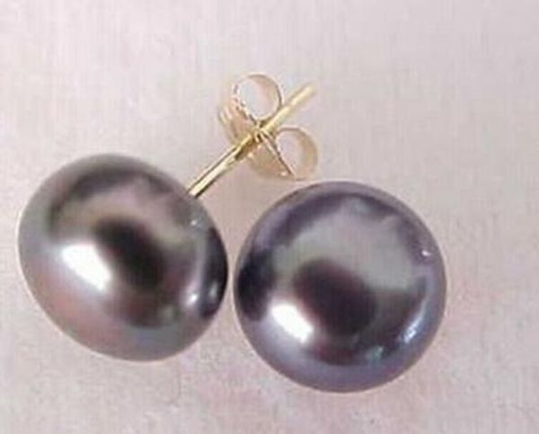 

8-9 mm tahitian black pearl stud earrings 14k gold+box, White