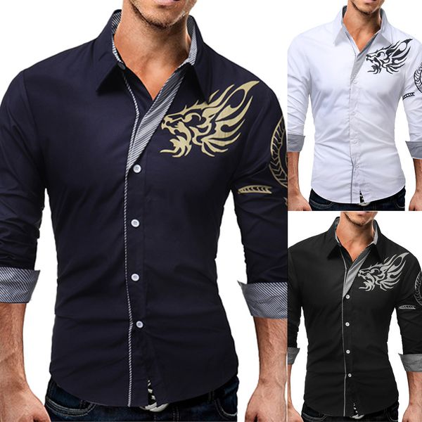 

men's autumn winter casual daily cotton print slim fit long sleeve turn-down collar shirt blouse gift, White;black