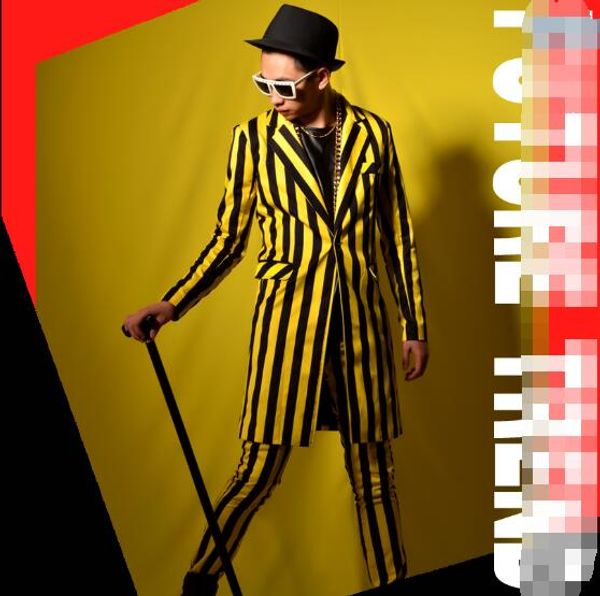 

nightclub singer yellow and black stripes british long suit bar stage costumes. m-6xl, White;black