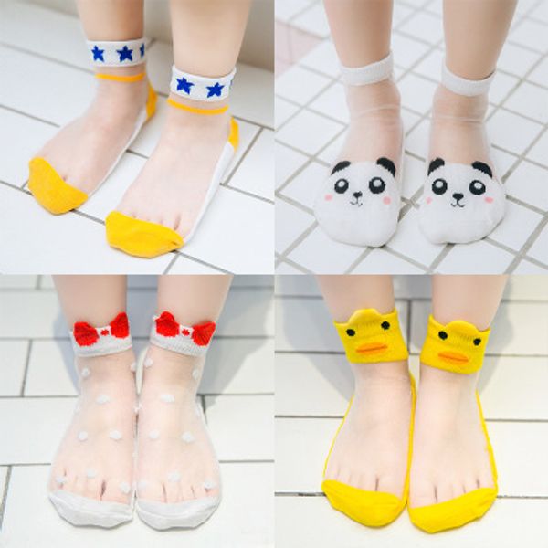 

new kids half transparent silk cotton socks baby boys girls fahion cute lace letter print cartoon animal soft short ankle designer socks, Pink;yellow