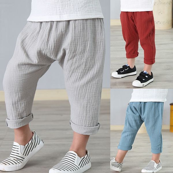 

linen pleated kids pants 2018 summer girls boys pants children ankle-length harem baby boy girl clothes 2-7 yrs, Blue