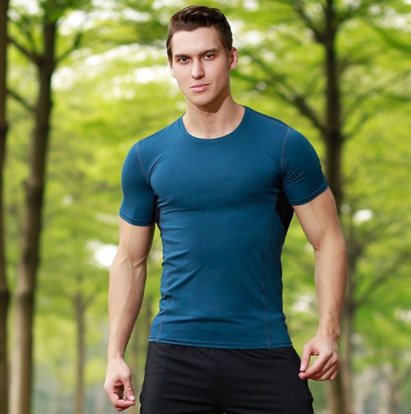 

sports short-sleeved t-shirt men's new fitness clothes wicking and quick-drying running basketball training compression shirt, Black;blue