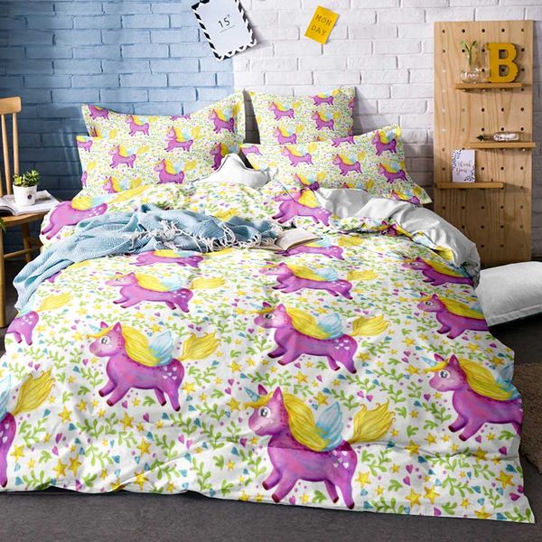 

3d digital printing rainbow colorful hand drawn floral unicorn comforter bedding set 100% microfiber white