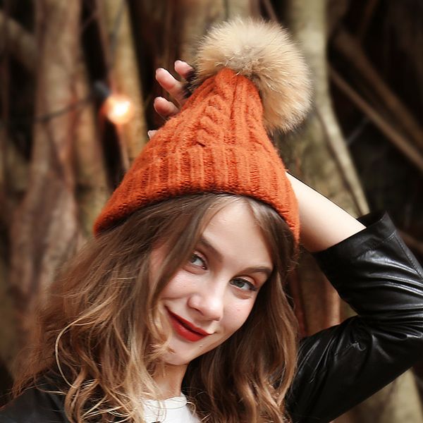 

new 2018 real fur pompom winter beanies women hats autumn knitted hat for girl casquette homme beanie skullies hat, Blue;gray