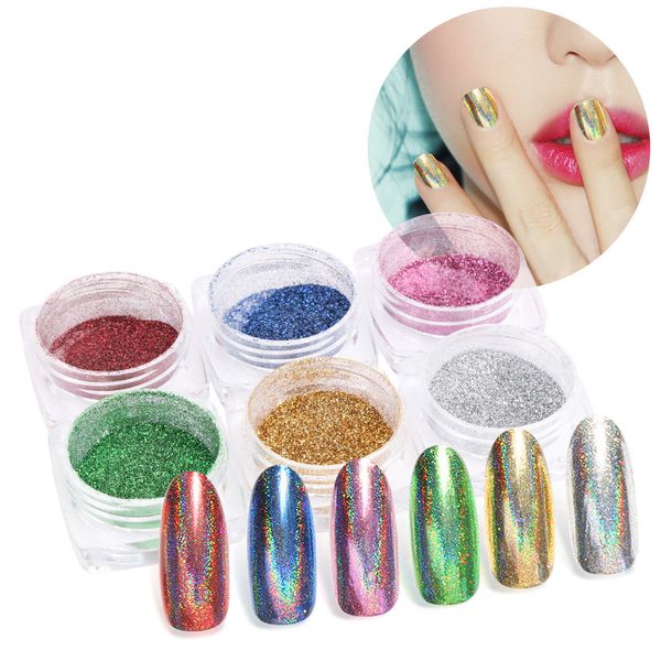 

1 box holographic shiny 6 colors nail art laser glitter powder manicure beauty peacock powder for diy mirror effect nail, Silver;gold