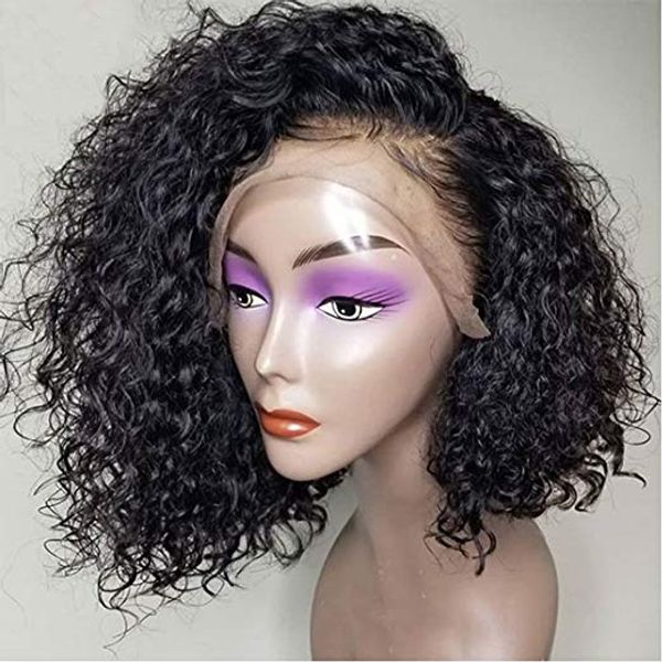 

malaysian hd lace human hair wigs short bob curly full closure wig for black women pre-plucked water wave 130%density ready to ship, Black;brown