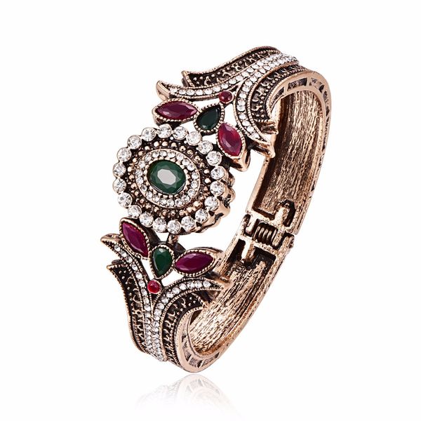

crystal flower bangle for women vintage jewelry antique gold color red/green resin beaded statement bracelets bangles, White