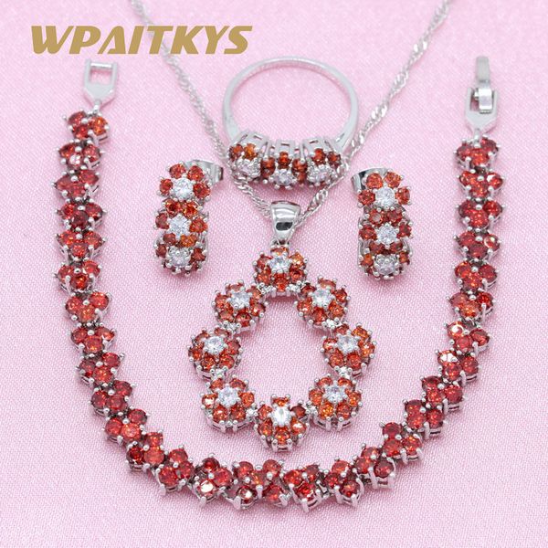 

exquisite flower red stone 925 silver jewelry sets for women wedding earrings bracelet pendant necklace ring gift box