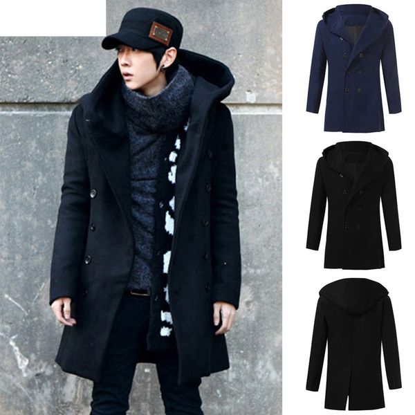 

jaycosin 2018 new fashion men's coat winter warm fit trench coat button hooded jacket long sleeve outwear 18oct25, Black