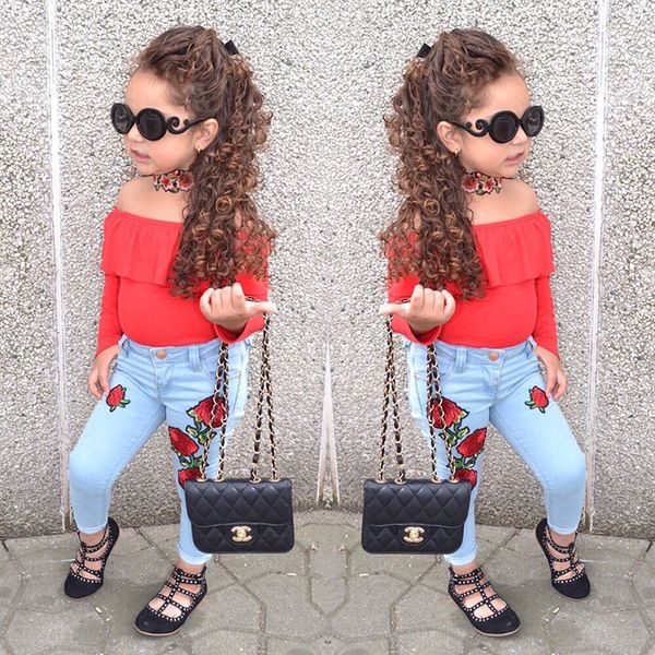 

fashion kids girls long sleeves red t-shirts + floral jeans pants cotton autumn spring girl clothing set children's clothes set, White