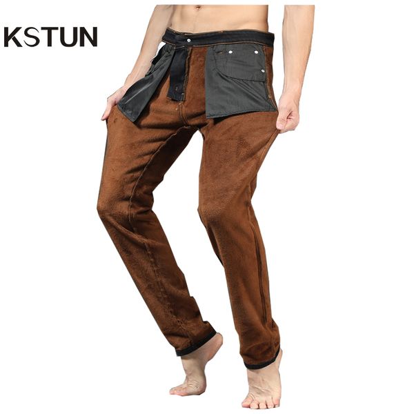 

kstun jeans men fleece winter thicken straight black stretch denim pants good quality breathable business man trousers plus size, Blue