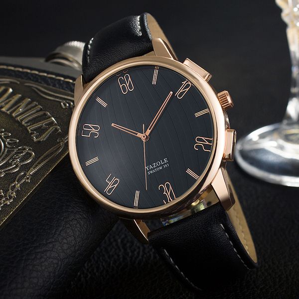 

393 yazole relogio men's rose gold watch fashion dial leather strap minimalist casual quartz wristwatch, Slivery;brown