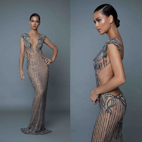 

2019 berta evening dresses plunging v neck backless crystals prom dress with beaded floor length see through luxury party dresses, Black;red