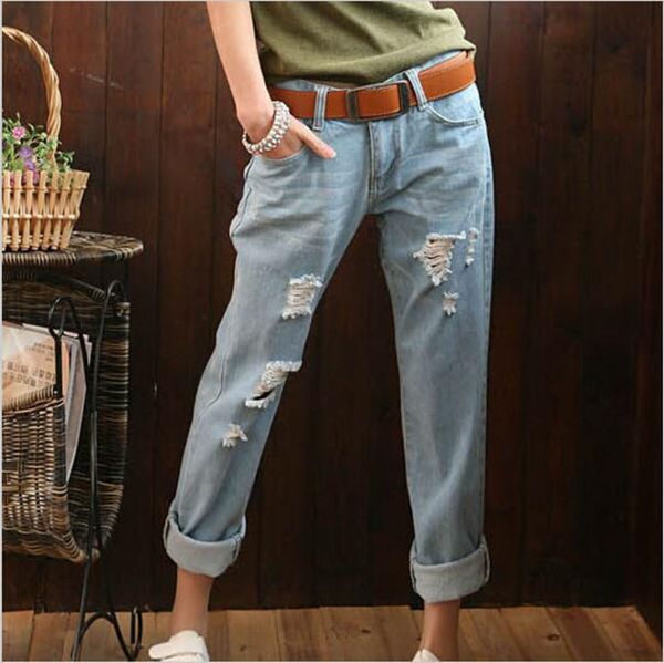 

new casual plus size vintage boyfriend women denim ripped hole capris jeans pantalones vaqueros mujer pants trouser, Blue